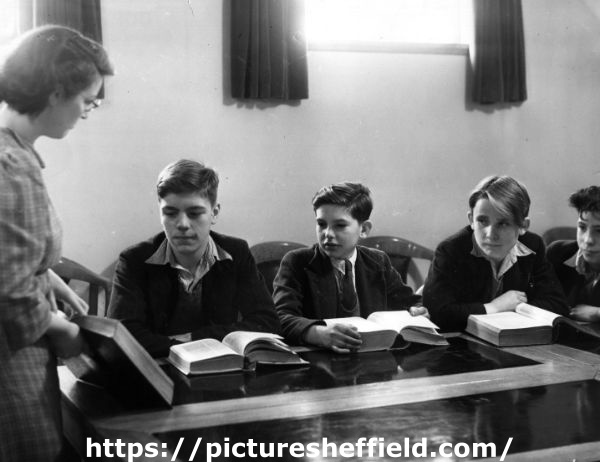 Miss Buchanan and boys, Library Committee room, Central Library, Surrey Street during school instruction