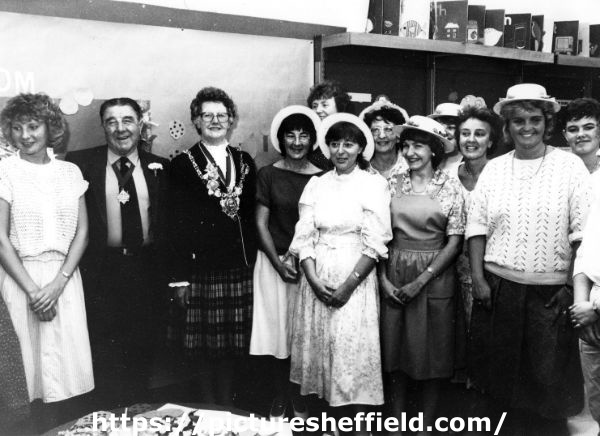 Library staff at children's event, Central Children's Library, Central Library, Surrey Street showing (2nd left) Lord Mayor's Consort, Jim Walton and (3rd left) Lord Mayor, Dot Walton