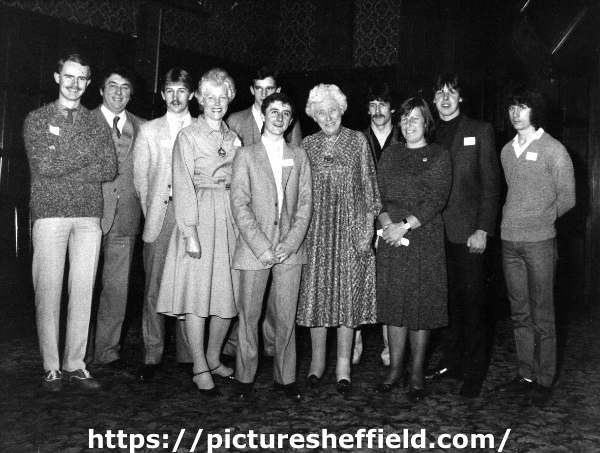 Sheffield Works Department Apprentices of the Year Awards showing (5th right) Councillor Enid Hattersley, Lord Mayor and (3rd right) Councillor Helen Jackson