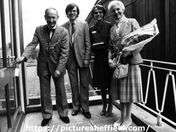 Opening of Wortley Area Housing Office showing (1st left) Councillor Dr. Peter Morgan Newton Jones, Lord Mayor; (2nd left) Councillor Clive Betts and (4th left) Mrs Kathleen Jones, JP., Lady Mayoress