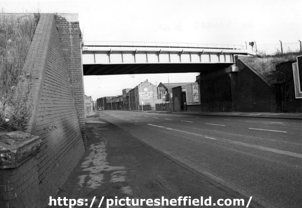 West Tinsley Railway Bridge (built 1900), Sheffield Road, Tinsley looking towards Edgar Allens Co. Ltd., steel makers and engineers