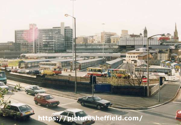 View from Sheaf Street of Pond Street Bus Station, Sheffield [Transport] Interchange showing (left) Sheffield Hallam University