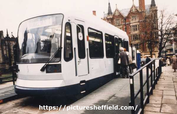 South Yorkshire Passenger Transport Executive (SYPTE): Prototype Supertram on display on Church Street