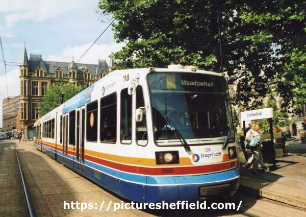 Supertram No. 118 at the Cathedral tram stop, Church Street