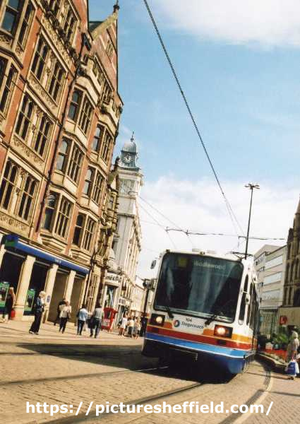 Supertram No. 104 on High Street showing (left) Parade Chambers