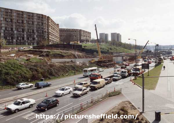 Supertram construction on Sheaf Street showing (top left) Park Hill Flats and (top centre) Norfolk Park Flats