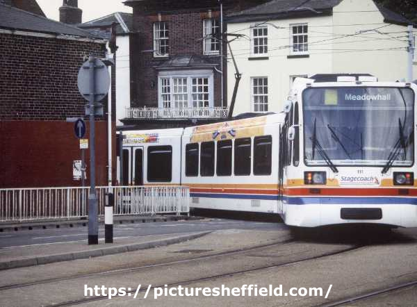 Stagecoach Supertram No. 111 approaching Upper Hanover Street from Glossop Road