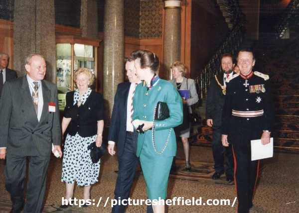 Visit of Princess Anne to open Supertram, Cutlers Hall, Church Street showing (second right) Councillor Ian Saunders, Lord Mayor