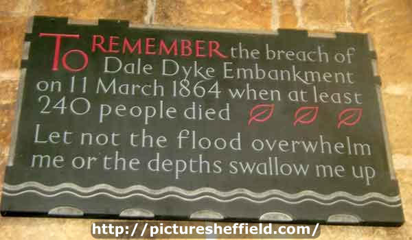 Plaque commemorating the 1864 Dale Dyke Flood inside St. Nicholas C. of E. Church, High Bradfield 