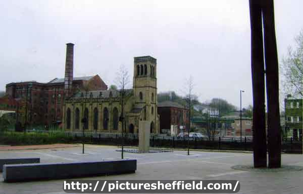Sheffield Flood 1864 Memorial, Millsands looking across to Nursery Street and (left) Crown Court Mills, John Aizlewood Ltd. and (centre) Holy Trinity C. of E. Church