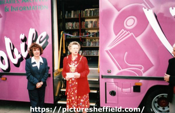 Opening of the new Library service mobile library vehicle by Lord Mayor, Councillor Marjorie Barker (1935 - 2010) and (left) Janice Maskort, Head of Libraries and Information Services c. 2002