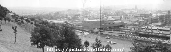 View of St. Mary's showing (foreground) Granville Street and (right) Sheffield Midland railway station