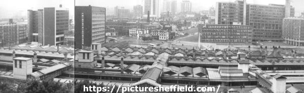 View of (centre) Sheffield Midland railway station showing (left) Dyson House and Sheaf House and (right) Sheffield Polytechnic
