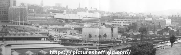 View of (foreground) Sheffield Midland railway station showing (left) Sheffield Polytechnic and Pond Street Bus Station and (centre) Sheaf Valley swimming baths and the Fiesta nightclub