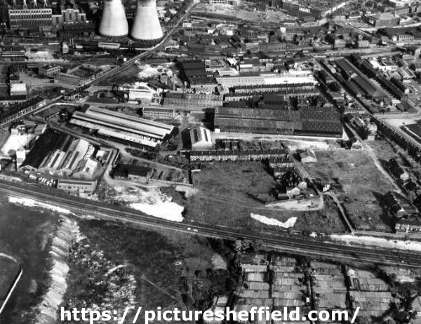 Aerial view of East Hecla Works, Hadfields Ltd. and (top left) Blackburn Meadows Power Station and Tinsley Towers