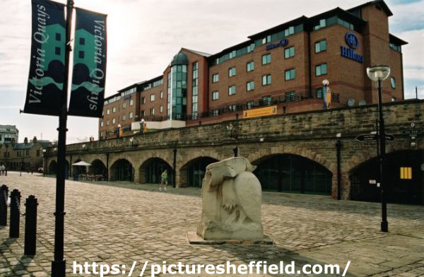 Victoria Quays showing Hilton Hotel and the Heron and Fish sculpture by Vega Bermejo