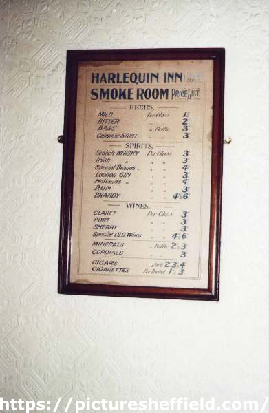 Bar price list, The Harlequin Inn, junction of Stanley Street and Johnson Street