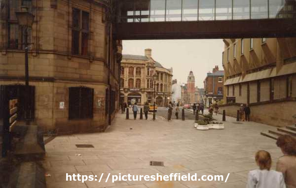 Norfolk Street looking towards Surrey Street showing (left) Town Hall, (right) Town Hall extension (known as the Eggbox) and (top) link bridge between the two buildings