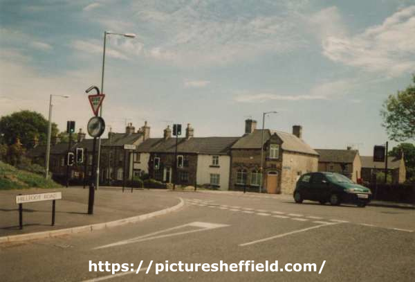 Junction of (foreground) Hillfoot Road and Baslow Road showing (centre) old Totley post office