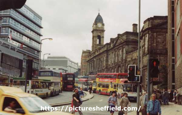 Bus congestion on Waingate showing (centre) Old Town Hall and (left) Castle Market 