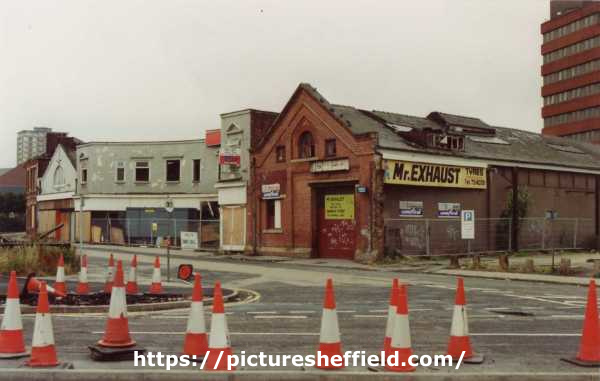 Ellin Street premises prior to demolition showing (right) No. 34 Mr. Exhaust, tyre and exhaust fitters