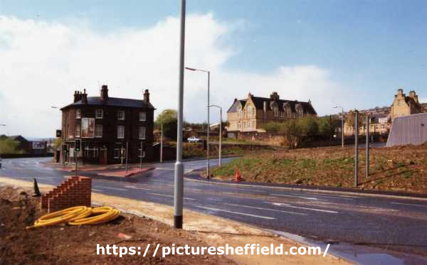 Meadowhall Road and Jenkin Road showing (left) White Swan public house, No. 105 Meadowhall Road and (right) Brightside School