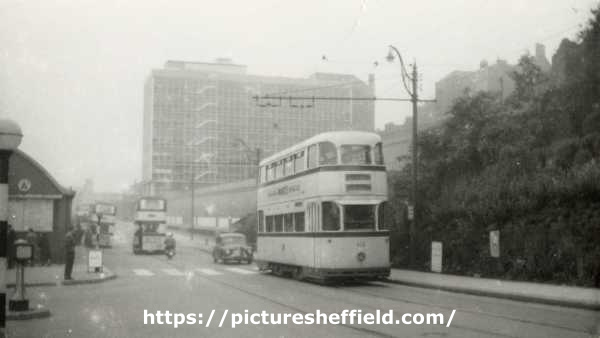 Tram 512 on Pond Street showing (left) Pond Street Bus Station and (centre back) Sheffield College of Technology