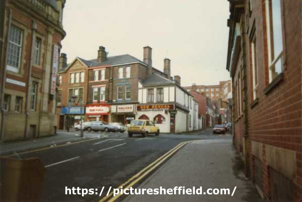 Glossop Road from Cavendish Street showing (l. to r.) No. 276 Oxfam charity shop; No. 274 unidentified pizza restaurant, No. 272 Halifax Building Society and No. 270 New Bengal, Indian restaurant