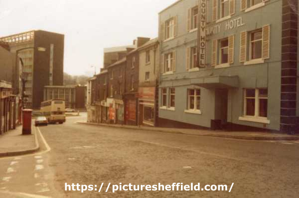 Howard Street looking towards Sheaf Square roundabout showing (left) Sheaf House and (right) No. 70 County Hotel