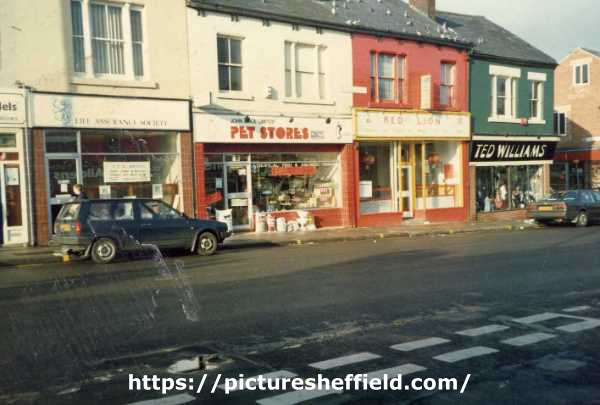Shops on London Road showing (l. to r.) Nos 200 - 202 John Mace Ltd., pet stores; No. 196 Red Lion, chinese takeaway and No. 194 Ted Williams (Sheffield) Ltd., tailors and gents outfitters