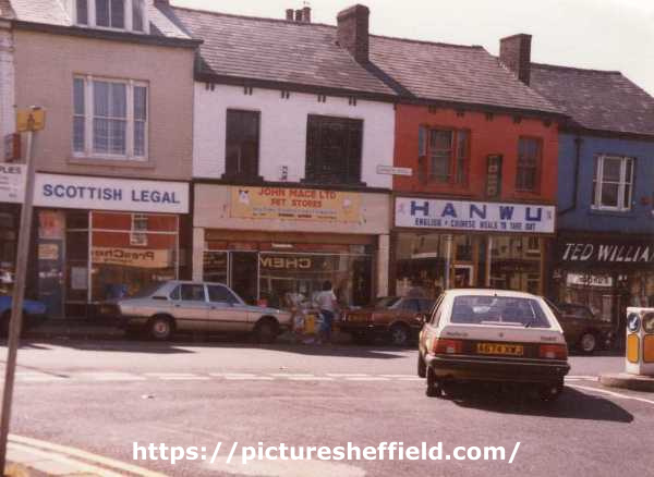 Shops on London Road showing (l. to r.) No. 204 Scottish Legal; Nos 200 - 202 John Mace Ltd., pet stores; No. 196 Hanwu, chinese takeaway and No. 194 Ted Williams (Sheffield) Ltd., tailors and gents outfitters
