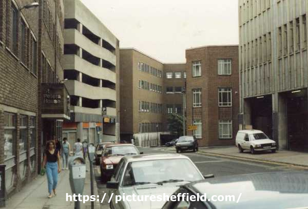 Hartshead showing (left) St. Peters House and multi storey car park, (centre) Friends Meeting House and Transport and General Workers Union Offices, Transport House and (right) rear of Sheffield Newspapers Ltd.