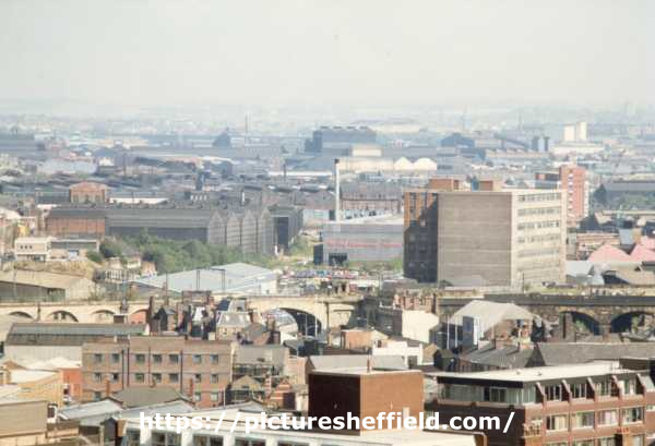 View from Steel City Plaza offices of The Wicker, Attercliffe and Brightside showing (centre) Sheffield Forgemasters and Saville House