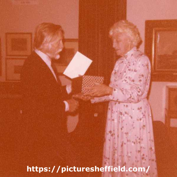 Frank Constantine OBE (1919 - 2014), Director of Sheffield City Art Galleries 1964 - 1982 with Councillor Enid Hattersley, probably on his retirement