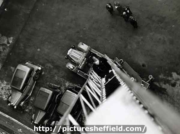 City of Sheffield Fire Brigade. View from the top of a fire engine ladder