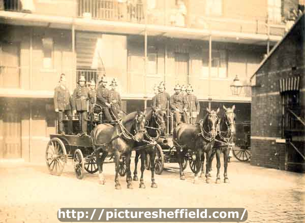 City of Sheffield Fire Brigade. Firemen aboard horse drawn fire engines, Rockingham Street Fire Station