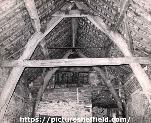 Interior of cruck-built barn with 4 or 5 bays, part of the outbuildings of Norton House, Norton Lane