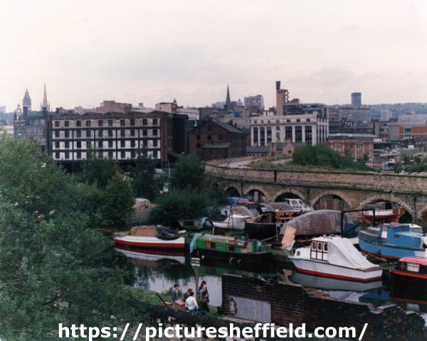 View from Blast Lane of the Canal Basin showing (left) the Straddle Warehouse and (centre) Hambleden House and the railway arches 