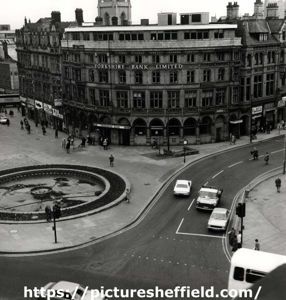 View of (left) Fargate and (right) Surrey Street showing (left) the Goodwin Fountain and (centre) Yorkshire Bank Ltd.