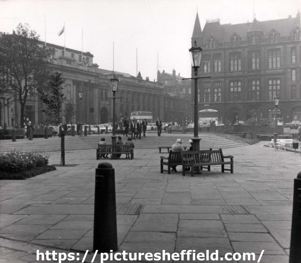 Cathedral forecourt showing (left) Cutler's Hall, Church Street and (top right) Gladstone Buildings, St. James Row