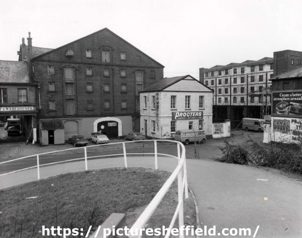 Entrance to the Canal Basin showing (left) the Terminal Warehouse, (right) Straddle Warehouse and (centre) premises of Procter Transport Ltd., haulage contractors