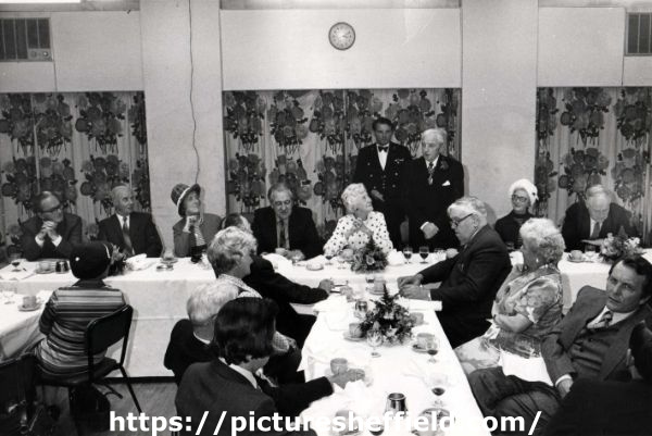 Luncheon at the Sheffield Transport Department, Greenhill following a tour of branch libraries showing an address by (standing) Lord Mayor, Councillor Leonard Cope