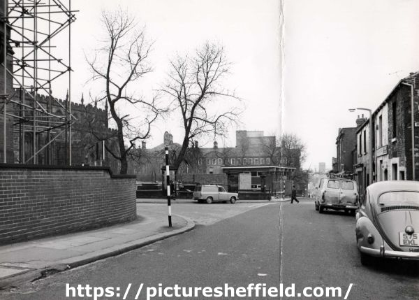 Leavygreave Road looking towards (right) Portobello and showing (left) St. George's C. of E. Church, Brook Hill and (centre) the Sir Francis Mappin Building, University of Sheffield, Mappin Street