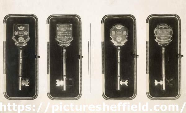 Set of keys presented to Sir Robert Hadfield, Bart., D.Met., F.R.S., J.P. on the opening of the Engineering Research Laboratory at the University of Sheffield