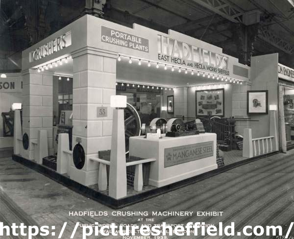 Hadfields Crushing Machinery Exhibition stand at the Public Works, Roads and Transport Exhibition, Royal Agricultural Hall, London