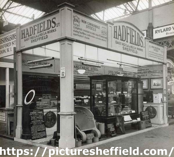 Exhibition stand [probably at the Shipping, Engineering and Machinery Exhibition, Olympia, London for Hadfields Ltd.]