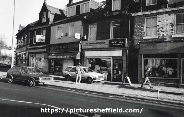 Shops on Page Hall Road showing (l. to r.) No. 9 Mohsin, jewellers and No. 7 Page Hall Newsagents