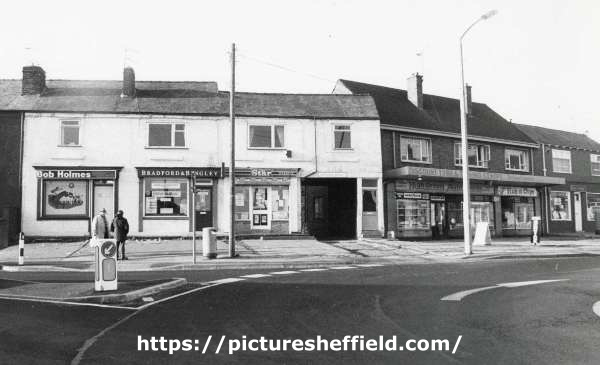Shops on Jeffcock Road, High Green showing (l.to r.) No. 6 Bob Holmes, betting shop, No. 4 Bradford and Bingley Building Society and No. 2 unidentified newsagent