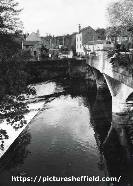 River Don at Oughtibridge showing (left) Station Road bridge looking towards the junction of (top left) Low Road and (top centre) Bridge Hill and also showing the Cock Inn, No. 5 Bridge Hill