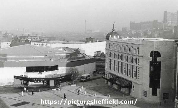 View of Tudor Square showing (left) the Crucible Theatre, (centre) the Roxy, nightclub and (right) the Lyceum Theatre
